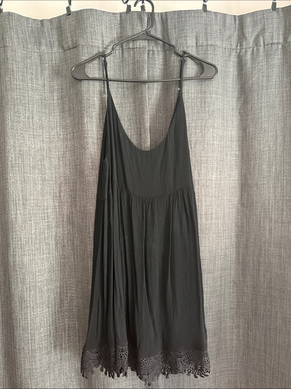 Lulu's Black Spaghetti Strap Mini Dress with Crochet Hem